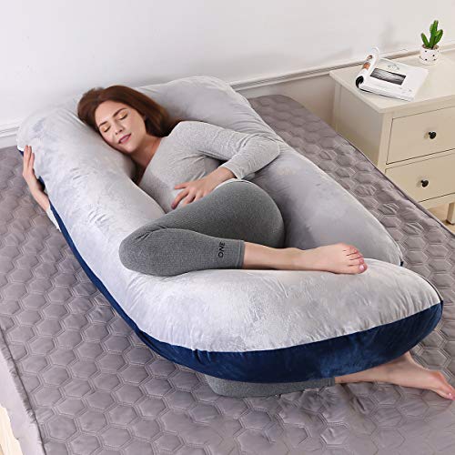 Almohada embarazada dormir, Almohada lactancia de Cuerpo Completo, actualización Grande en Forma de U y Soporte de Maternidad con Funda de Terciopelo reemplazable (Azul Marino y Gris -Terciopelo)