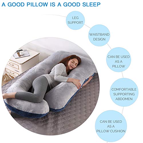 Almohada embarazada dormir, Almohada lactancia de Cuerpo Completo, actualización Grande en Forma de U y Soporte de Maternidad con Funda de Terciopelo reemplazable (Azul Marino y Gris -Terciopelo)