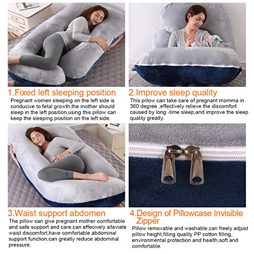 Almohada embarazada dormir, Almohada lactancia de Cuerpo Completo, actualización Grande en Forma de U y Soporte de Maternidad con Funda de Terciopelo reemplazable (Azul Marino y Gris -Terciopelo)