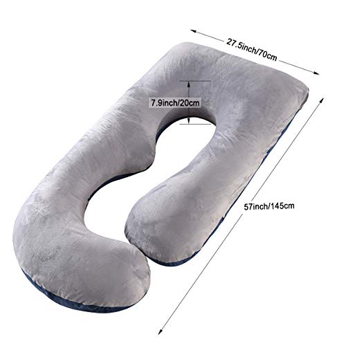 Almohada embarazada dormir, Almohada lactancia de Cuerpo Completo, actualización Grande en Forma de U y Soporte de Maternidad con Funda de Terciopelo reemplazable (Azul Marino y Gris -Terciopelo)