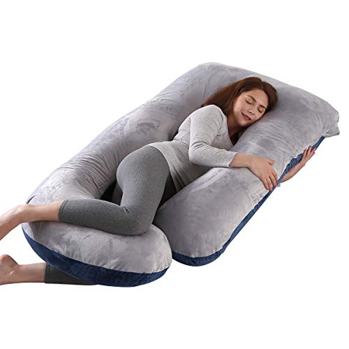 Almohada embarazada dormir, Almohada lactancia de Cuerpo Completo, actualización Grande en Forma de U y Soporte de Maternidad con Funda de Terciopelo reemplazable (Azul Marino y Gris -Terciopelo)