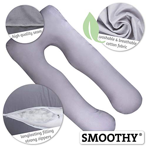 Almohadas de Embarazo, Almohadas para Dormir de Lado, Almohadas de posicionamiento, Almohadas para bebés y para Lactancia en Forma de U, Funda Lavable 100% algodón (Classic XXL, 150 x 80 cm, Gris)