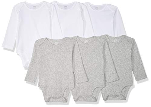 Amazon Essentials - Pack de 6 bodis de manga larga para bebé, White/Gray Heather, Recién nacido