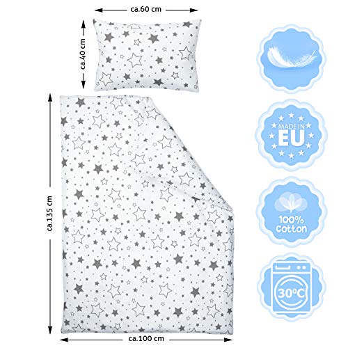 Amilian Ropa de cama infantil de 2 piezas, 100% algodón, ropa de cama para bebé, funda nórdica de 100 x 135 cm, funda de almohada de 40 x 60 cm, con cierre de hotel, gris, buenas noches