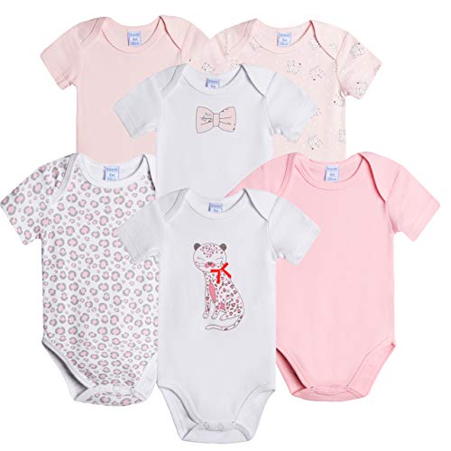 Amomí Body Bebé Niña Manga Corta Pack de 6 Pcs 9 Meses 100% Algodón (9 Meses, Leopardo+Lazo)