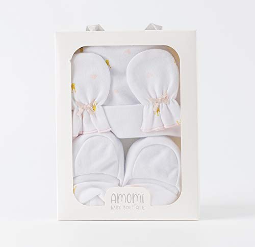 Amomí Set Regalo Recién Nacido/Conjunto bebé Primera Puesta/Gorro, Manoplas y Patucos con Caja de Regalo para recién Nacido Talla Unica (Blanco)