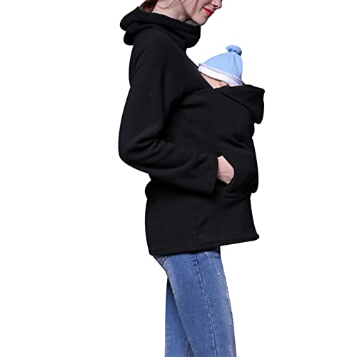 amropi Mujer Sudadera Capucha Portador de Bebé Forro Polar Canguro Portabebé Chaqueta Negro,M