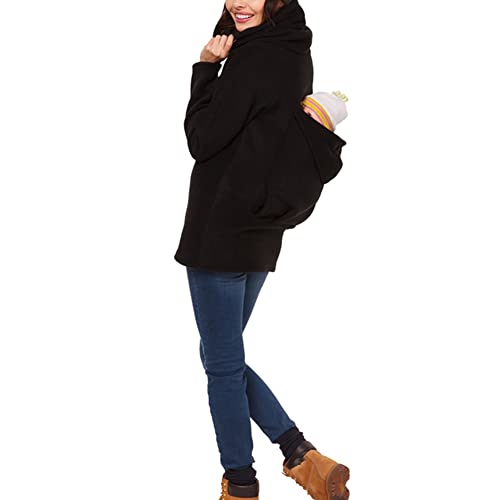 amropi Mujer Sudadera Capucha Portador de Bebé Forro Polar Canguro Portabebé Chaqueta Negro,M