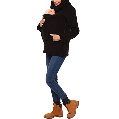 amropi Mujer Sudadera Capucha Portador de Bebé Forro Polar Canguro Portabebé Chaqueta Negro,M