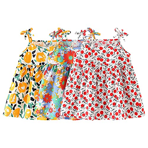 amropi Pack de 3 Vestidos sin Mangas para Bebé Niña Algodón Floral Casual Vestido Naranja Rojo Blanco,0-6 Meses