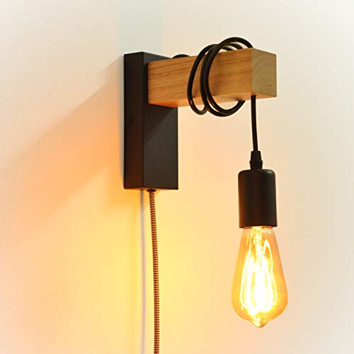 Apliques de Pared Madera Negro Moderno con Cable Enchufe, Rústico Industrial Lámpara de Techo Colgante Retro, Accesorio de Luce de Montaje en Pared Ajustable Decoración para Salon Dormitorio Infantil