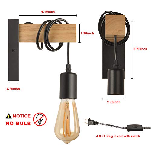 Apliques de Pared Madera Negro Moderno con Cable Enchufe, Rústico Industrial Lámpara de Techo Colgante Retro, Accesorio de Luce de Montaje en Pared Ajustable Decoración para Salon Dormitorio Infantil