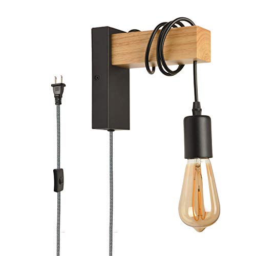 Apliques de Pared Madera Negro Moderno con Cable Enchufe, Rústico Industrial Lámpara de Techo Colgante Retro, Accesorio de Luce de Montaje en Pared Ajustable Decoración para Salon Dormitorio Infantil