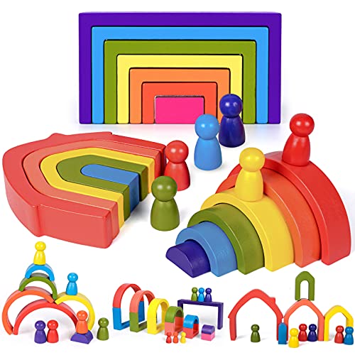 Arcoiris Madera Juguetes de Madera Arcoiris Montessori Arco Iris Apilado Juego Aprendizaje Bloques de Construcción Juguetes Educativos para Niños Niñas Bebé