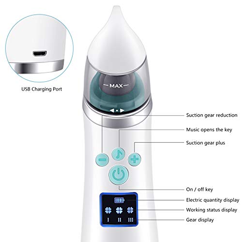 Aspirador nasal bebes，aspirador nasal bebe electrico,Pantalla LED de carga USB con 3 niveles de succión, 4 tamaños de cabezal de silicona, aspirador nasal neonatal portátil