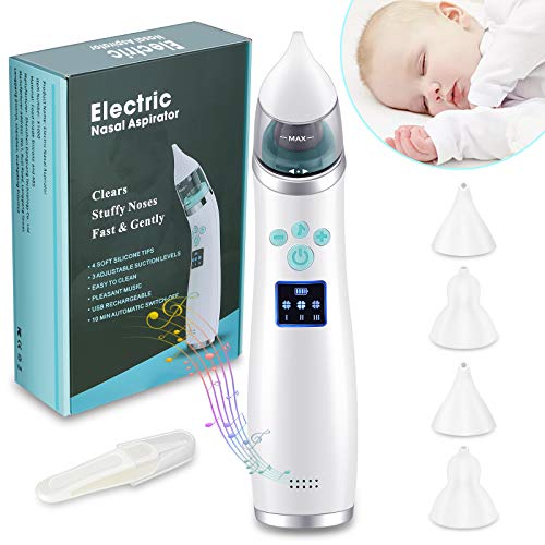 Aspirador nasal bebes，aspirador nasal bebe electrico,Pantalla LED de carga USB con 3 niveles de succión, 4 tamaños de cabezal de silicona, aspirador nasal neonatal portátil