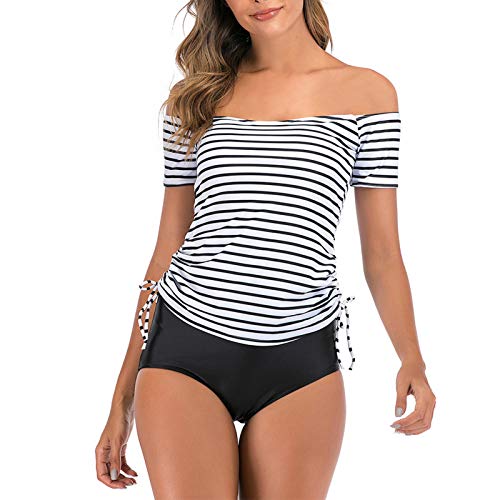 Auenix Bañador de dos piezas para mujer con estampado de rayas, bikini push-up sujetador, cintura alta traje de baño, para el control del vientre Tankini Sets, playa de verano, Color blanco., 3XL