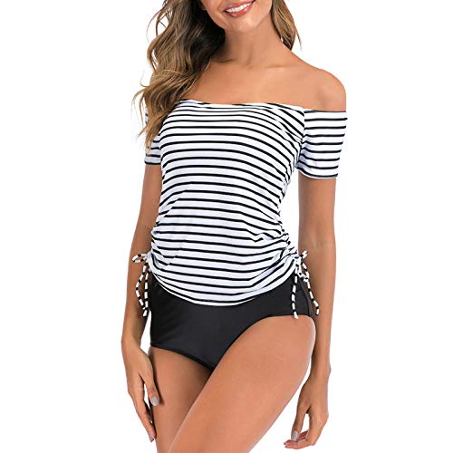 Auenix Bañador de dos piezas para mujer con estampado de rayas, bikini push-up sujetador, cintura alta traje de baño, para el control del vientre Tankini Sets, playa de verano, Color blanco., 3XL