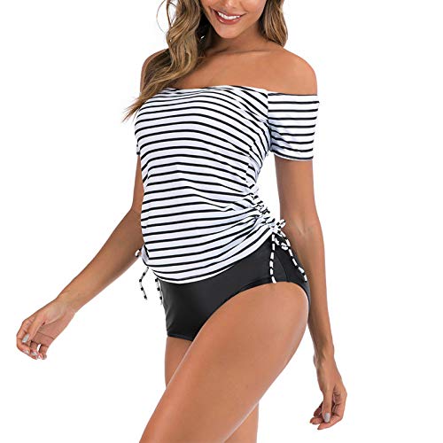 Auenix Bañador de dos piezas para mujer con estampado de rayas, bikini push-up sujetador, cintura alta traje de baño, para el control del vientre Tankini Sets, playa de verano, Color blanco., 3XL