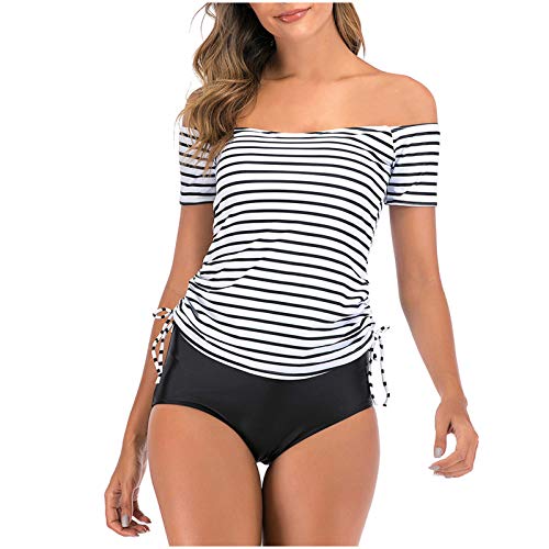 Auenix Bañador de dos piezas para mujer con estampado de rayas, bikini push-up sujetador, cintura alta traje de baño, para el control del vientre Tankini Sets, playa de verano, Color blanco., 3XL