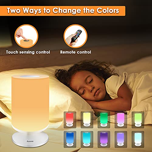 Auxmir Luz Nocturna, Lámparas de Mesita de Noche Inalámbrica Recargable, Control Táctil y Remoto, 11 Colores de Luz LED Regulable, Lámpara Ambiente Temporizador para Dormir Bebé