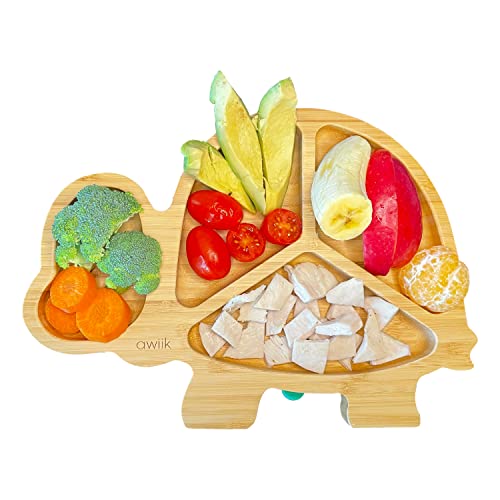 AWIIK - Plato de Bamboo con fuerte ventosa para Bebés y niños pequeños. Plato BLW de bambú antideslizante con succión. Plato infantil antivuelco para aprender a comer BLW (Turtle_Green)