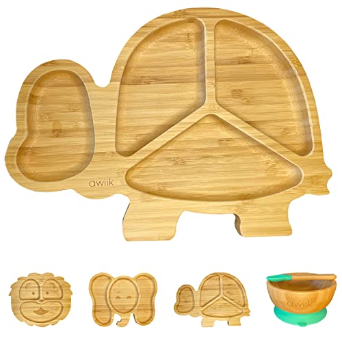 AWIIK - Plato de Bamboo con fuerte ventosa para Bebés y niños pequeños. Plato BLW de bambú antideslizante con succión. Plato infantil antivuelco para aprender a comer BLW (Turtle_Green)