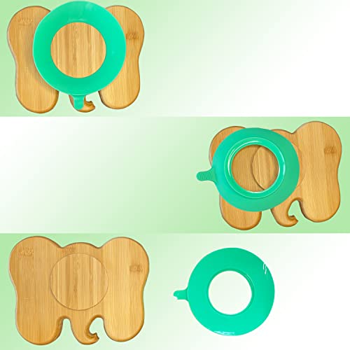 AWIIK - Plato de Bamboo con fuerte ventosa para Bebés y niños pequeños. Plato BLW de bambú antideslizante con succión. Plato infantil antivuelco para aprender a comer BLW (Elephant_Green)