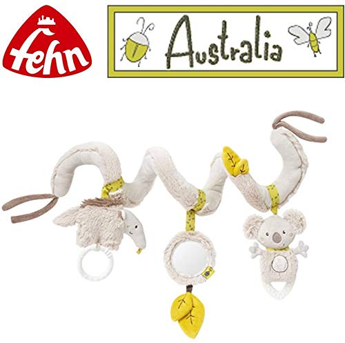 Baby Fehn Espiral de actividad Australia con sonajero y anillo de agarre y dos hojas con papel rayado. Colección Australia 0+.