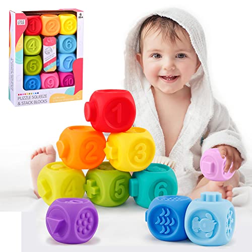 Bambebe Bloques Bebe 6 Meses, Juguetes Silicona Montessori Bebé, Juguete Educativos de Baño per Bebés, Juegos Sensoriales Bebe Cubos Suaves Apilables Bebes de 6-12 Meses