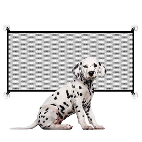 Barrera de seguridad para perros, puerta mágica para perros, gata, animales y animales retractables, barras, escaleras, cocina, puerta mágica para seguridad de bebé niño, 110 x 72 cm + 4 ganchos.