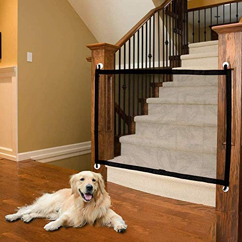 Barrera de seguridad para perros, puerta mágica para perros, gata, animales y animales retractables, barras, escaleras, cocina, puerta mágica para seguridad de bebé niño, 110 x 72 cm + 4 ganchos.