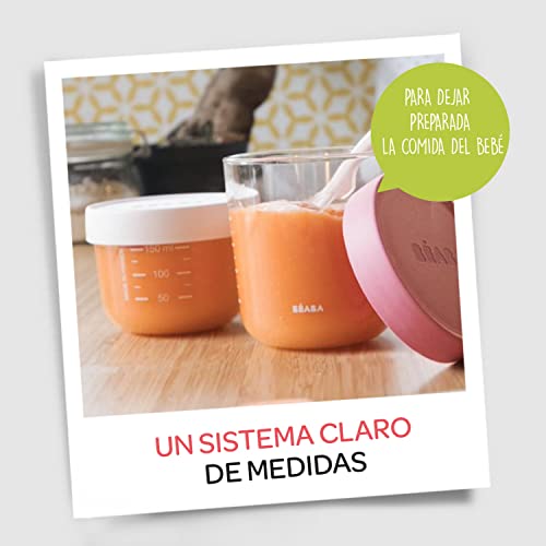 BÉABA, Caja de 6 porciones de cristal, fabricada en Francia, comida infantil, bebida, extrapresistente, resistente a los choques térmicos, 100% hermético, graduación, 150 ml, azul oscuro y claro