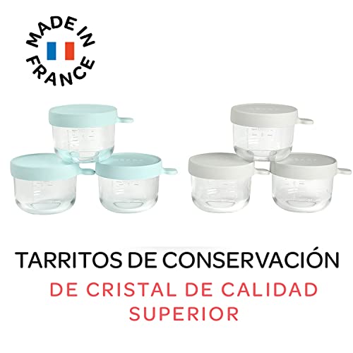 BÉABA, Caja de 6 porciones de cristal, fabricada en Francia, comida infantil, bebida, extrapresistente, resistente a los choques térmicos, 100% hermético, graduación, 150 ml, azul oscuro y claro