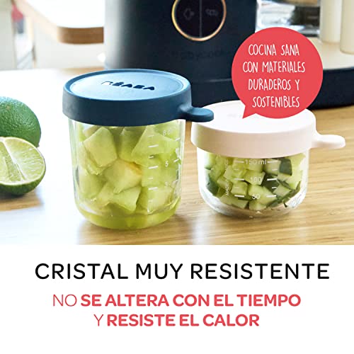 BÉABA, Caja de 6 porciones de cristal, fabricada en Francia, comida infantil, bebida, extrapresistente, resistente a los choques térmicos, 100% hermético, graduación, 150 ml, azul oscuro y claro