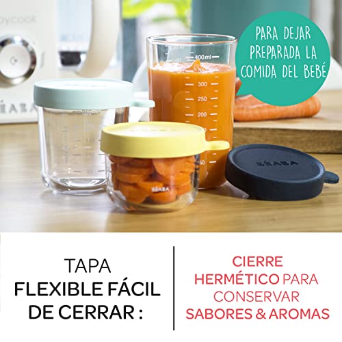 BÉABA, Caja de 6 porciones de cristal, fabricada en Francia, comida infantil, bebida, extrapresistente, resistente a los choques térmicos, 100% hermético, graduación, 150 ml, azul oscuro y claro