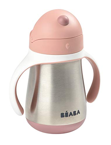 BÉABA Vaso de Aprendizaje con Boquilla para Bebe, Biberón 100 % hermético, Taza Antigoteo con pajita, Antiderrame, 2 en 1, Asas extraíbles, Resistente, Inox, 250ml, Rosa