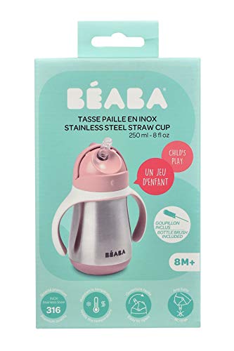 BÉABA Vaso de Aprendizaje con Boquilla para Bebe, Biberón 100 % hermético, Taza Antigoteo con pajita, Antiderrame, 2 en 1, Asas extraíbles, Resistente, Inox, 250ml, Rosa