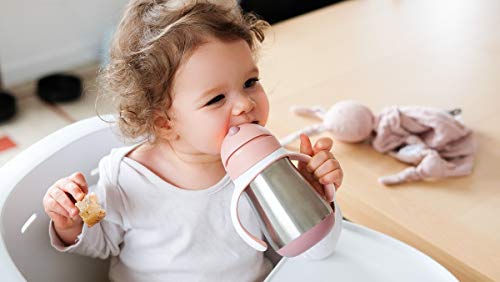 BÉABA Vaso de Aprendizaje con Boquilla para Bebe, Biberón 100 % hermético, Taza Antigoteo con pajita, Antiderrame, 2 en 1, Asas extraíbles, Resistente, Inox, 250ml, Rosa