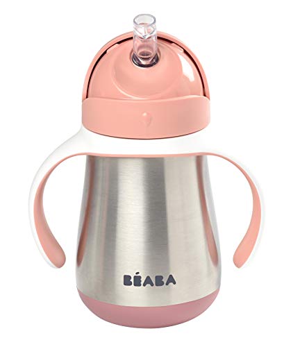 BÉABA Vaso de Aprendizaje con Boquilla para Bebe, Biberón 100 % hermético, Taza Antigoteo con pajita, Antiderrame, 2 en 1, Asas extraíbles, Resistente, Inox, 250ml, Rosa