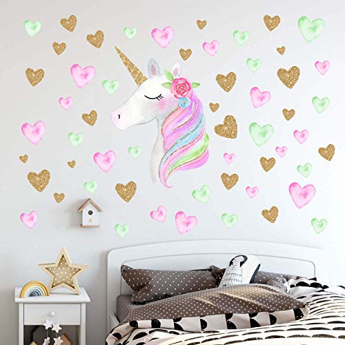 Beanlieve Pegatinas Pared Unicornio Extraíbles, Diseño Unicornio Con Corazones y Estrellas, Pegatinas Reflectantes Para Decoración Pared Para Fiestas Cumpleaños, Dormitorios Niños, Habitación Bebé