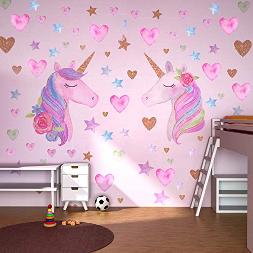 Beanlieve Pegatinas Pared Unicornio Extraíbles, Diseño Unicornio Con Corazones y Estrellas, Pegatinas Reflectantes Para Decoración Pared Para Fiestas Cumpleaños, Dormitorios Niños, Habitación Bebé