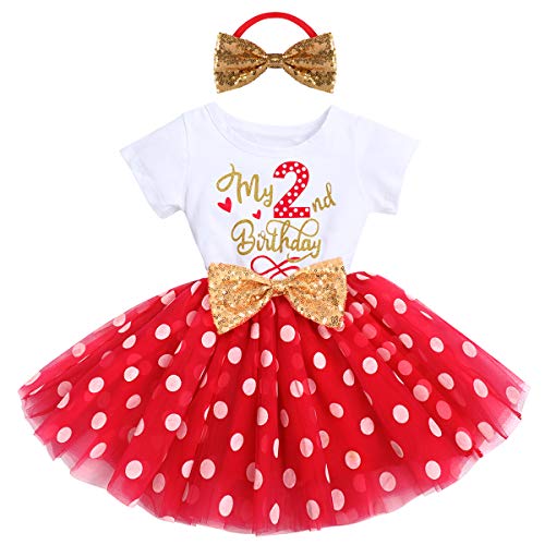 Bebé Niñas 1er/2do/3er Cumpleaños Traje Minnie Princesa Vestido de Manga Corta Mameluco/Camiseta+Tutú de Tul de Lunares+Diadema 3 Piezas de Fiesta de Cumpleaños Rojo-2nd 2 Años