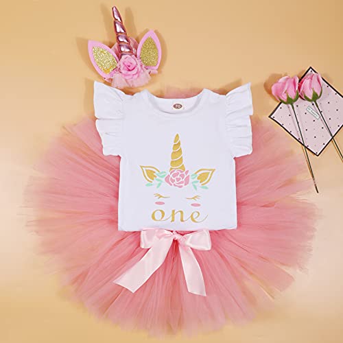 Bebé Niñas Unicornio Es mi Primer Cumpleaños Niña Trajes Conjuntos Princesa Vestido Tutu 3 Piezas Mameluco + Falda + Conjuntos con Diadema de Unicornio y Mameluco y Faldas