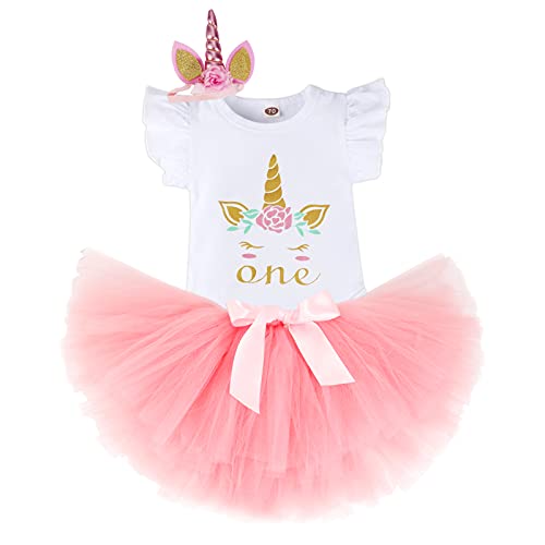 Bebé Niñas Unicornio Es mi Primer Cumpleaños Niña Trajes Conjuntos Princesa Vestido Tutu 3 Piezas Mameluco + Falda + Conjuntos con Diadema de Unicornio y Mameluco y Faldas