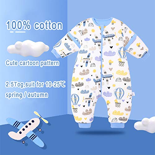 Bebé Saco de Dormir con Piernas Invierno Algodón Pijama Dividida Manga Cálido Mamelucos Dibujos Animados Mono Niños Niñas 0-2 años 2.5Tog Avion azul