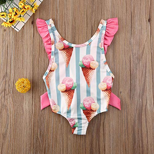 Bebé Traje de Baño para Recién Nacida Bañador Lindo de Estampado de Helado con Volantes Ropa de Baño Dulce sin Espalda con Lazo en Verano para Playa Piscina (Rosa, 12-18 Meses)