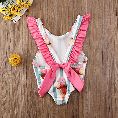 Bebé Traje de Baño para Recién Nacida Bañador Lindo de Estampado de Helado con Volantes Ropa de Baño Dulce sin Espalda con Lazo en Verano para Playa Piscina (Rosa, 12-18 Meses)