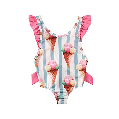 Bebé Traje de Baño para Recién Nacida Bañador Lindo de Estampado de Helado con Volantes Ropa de Baño Dulce sin Espalda con Lazo en Verano para Playa Piscina (Rosa, 12-18 Meses)