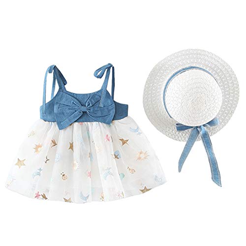 Bebé Vestido Verano sin Manga de Recién Nacida Vestido de Tirantes con Bowknot para Niñas Pequeñas 2 Piezas Traje Informal Vestido de Denim y Tul + Sombrero para Vacaciones (Turquesa, 0-6 Meses)